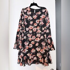 Who What Wear A-line Dress XXL Womens Black Floral Ruffled Hem Long Bell Sleeve
